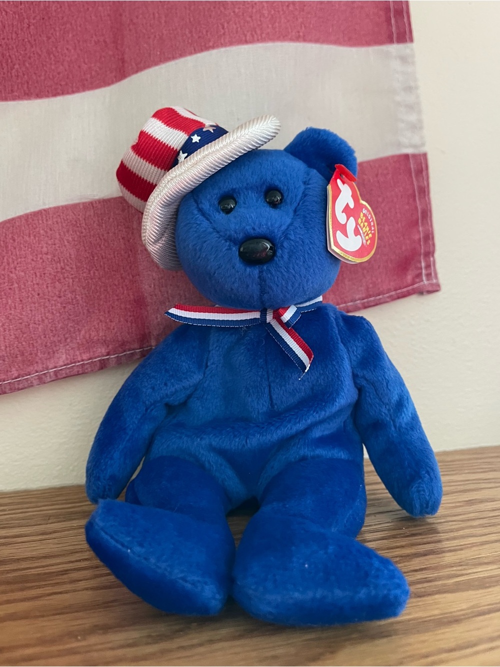 Ty Sam 2003 Beanie Baby Patriotic Blue Bear with Stars & Stripes Hat America